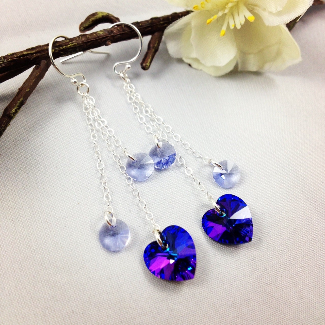 Crystal Heliotrope Swarovski Heart Earrings, Sterling Silver, Blue/Purple/Pink, Long Chain, Dangle, Bridal/Wedding Jewellery