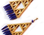 Cosmic Sirpinski Triangle Gold Lasercut Wooden Earrings with Opaque Cobalt Blue Drops Sacred Geometry Posts