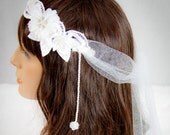 Bridal Tiara, Bridal Headband, Wedding Head band, Wedding Head Piece, Vintage Lace Tulle, Pearls, Crystal, Bridal Hair Accessories - Mara
