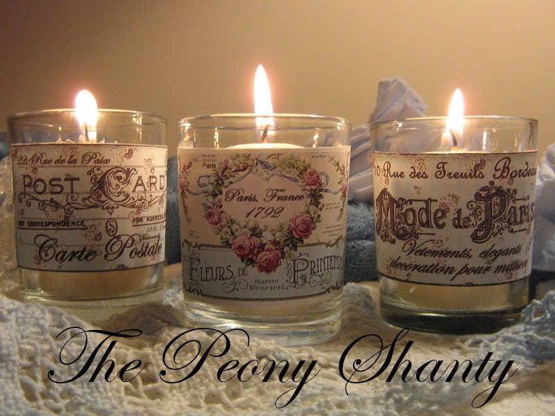 3 FRENCH Script Labels in BLUE votive Candle Holders