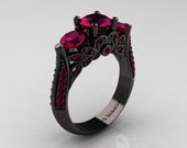 14K Black Gold Three Stone Black Diamond Raspberry Red Garnet Solitaire Ring R200-14KBGRRG