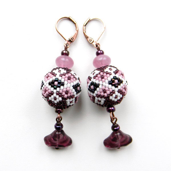 Purple and White  Seed Bead Earrings  - beaded jewelry,  beaded beads
