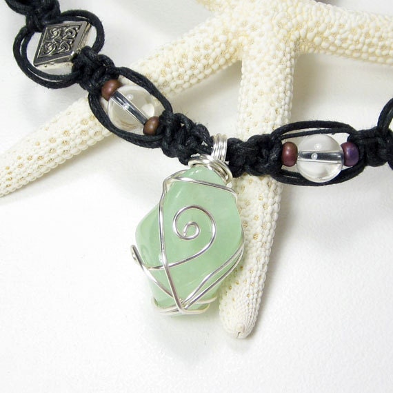 Prehnite Necklace, Green Healing Crystal Jewelry, Silver Wire Wrapped Semiprecious Gemstone Pendant, Black Macrame