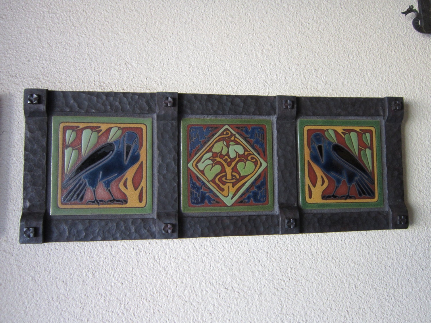 arts and crafts raven tryptic tile wall plaque in forged wrought iron