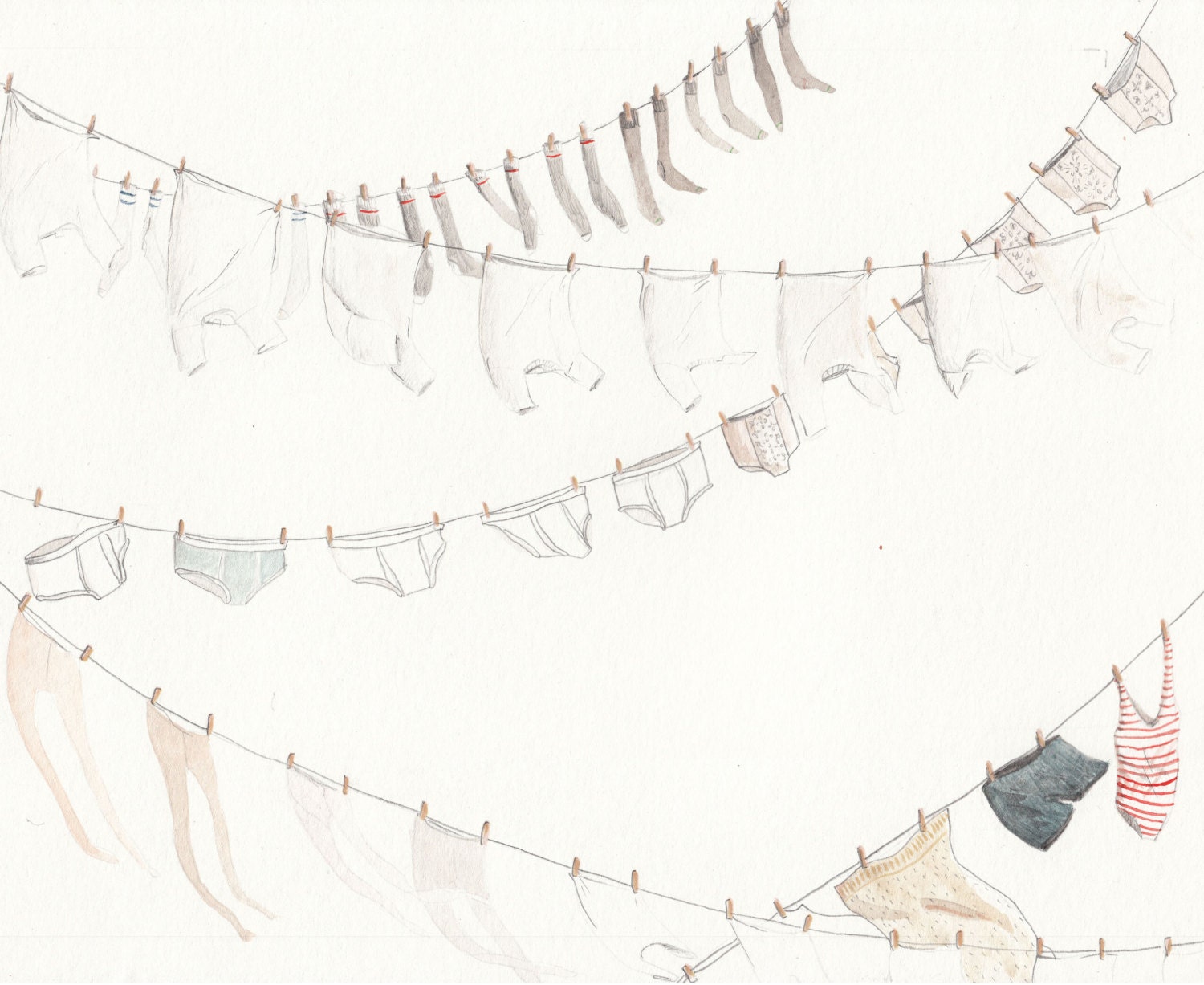 Summer Clothes Line, print of watercolour drawing
