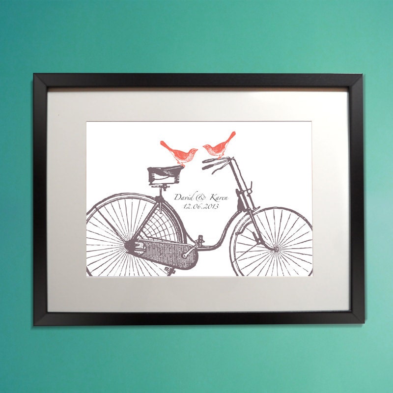 Love Birds on Bicycle Printable / Personalized anniversary wedding gift / Personalized wall art / Valentine Day Present