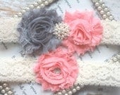 Coral and Grey Bridal Garter and Toss Garter - Light coral Wedding Garter Set - Ivory or White Stretch Lace