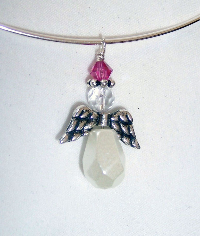 Angel choker necklace, Angel pendant necklace, pink crystal angel pendant