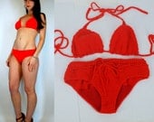 Vintage 70s CROCHET Cherry Red knit string triangle Bikini two piece Cut out bohemian hippie Boho swimwear swimsuit Bathing Suit festival