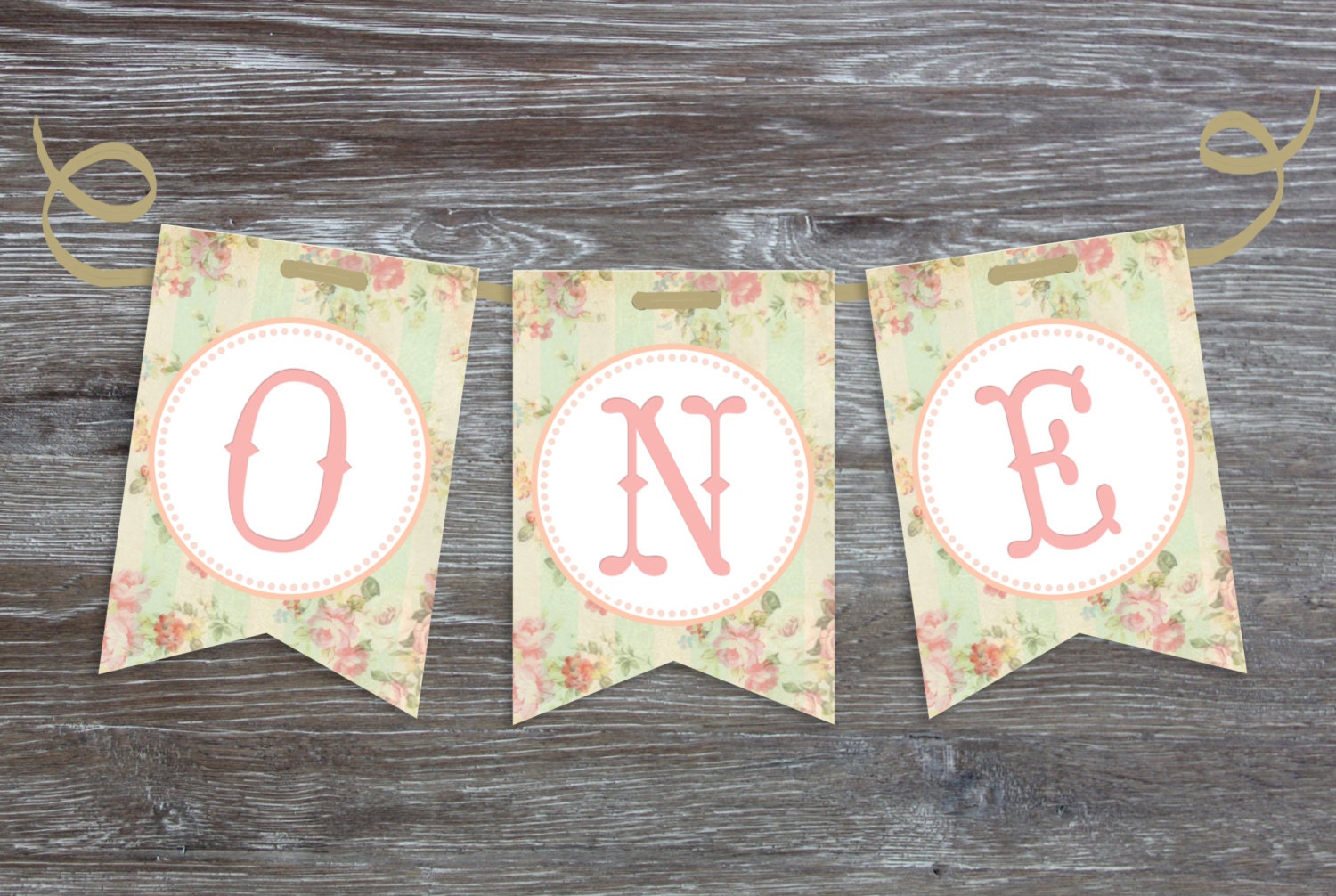 Printable "ONE" Banner Pennants for high chair - Shabby Chic, Vintage, First, Baby, Girl - PDF File, You Print