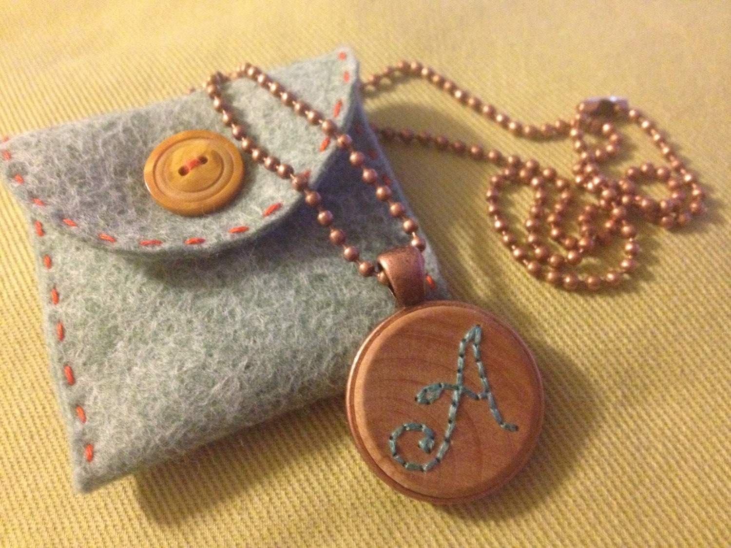 Hand-Embroidered Wood Monogram Necklace
