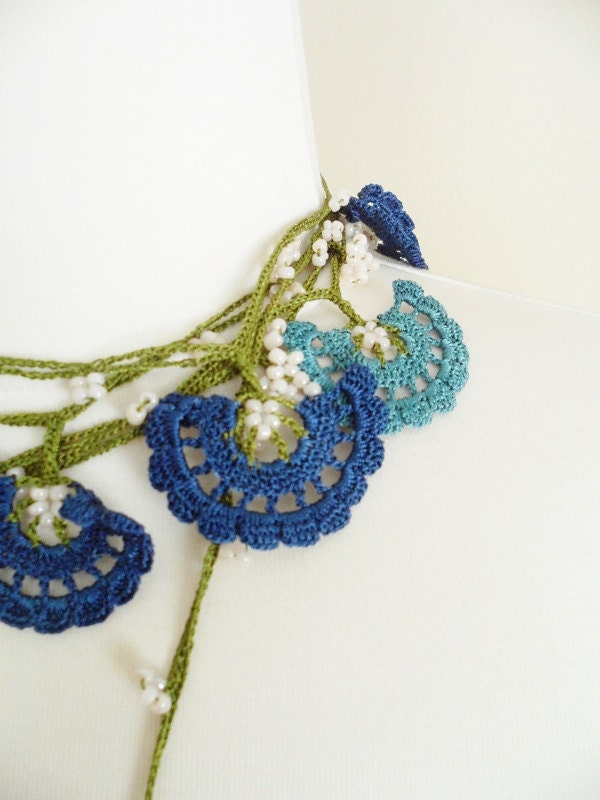 Crochet and Beads Necklace, Blue Floral Oya, Lariat Scarf, Summer - Spring - Fall - Winter Fashion