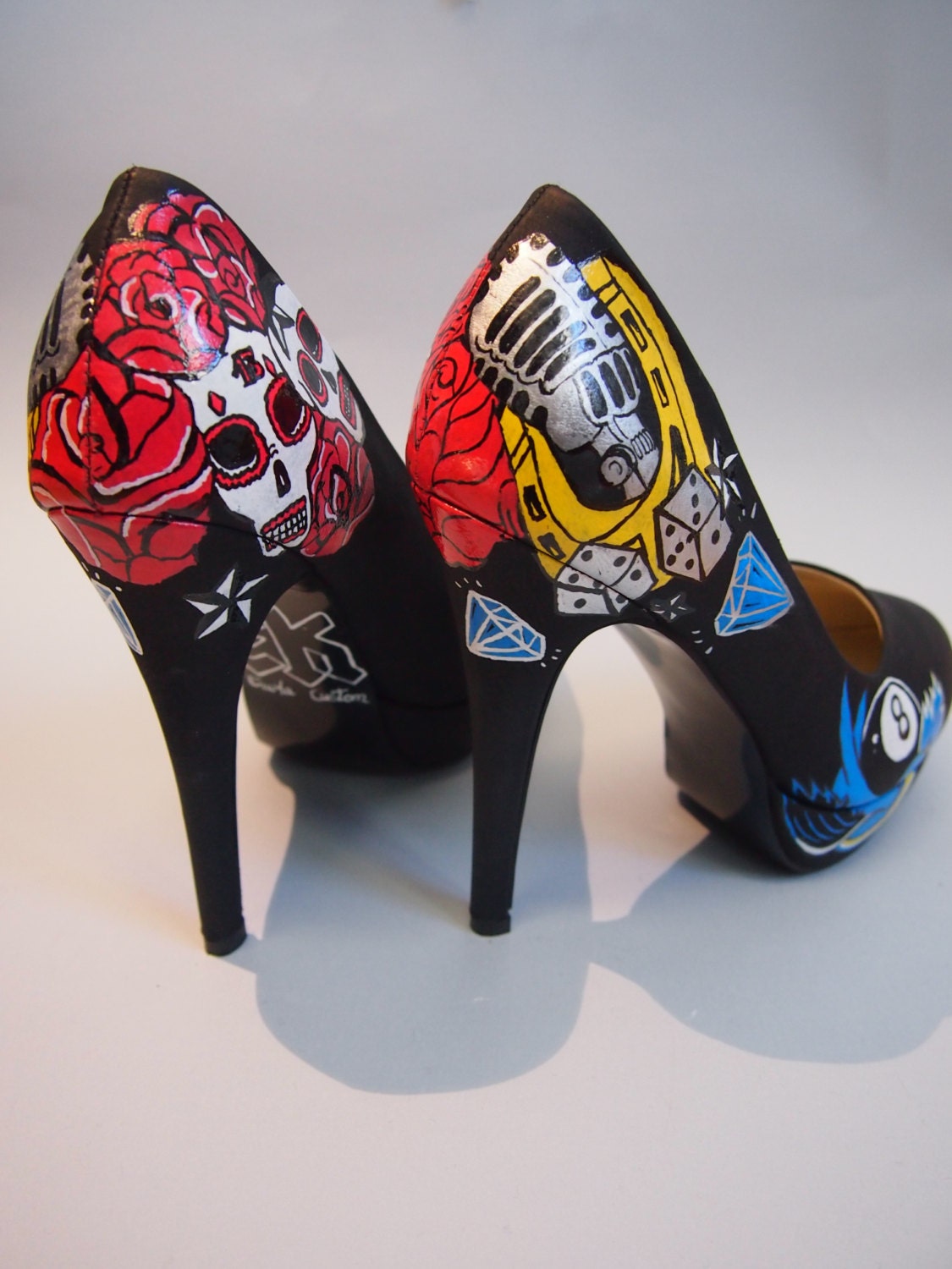 Hand painted high heels skulls, roses, old school, rockabilly, music Original shoes