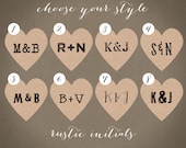 Heart Shape Wedding Rustic Initial Stickers - 24 1.5" Heart Kraft Brown Stickers / Labels - for Valentines, Anniversaries, Favors