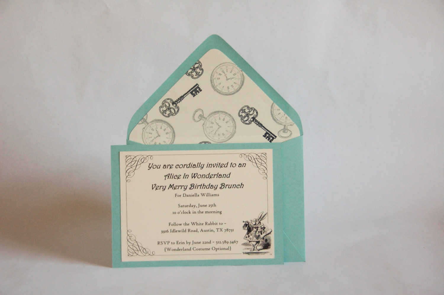 10 Custom Alice In Wonderland Invitations with Envelope and Liner - Vintage Inspired White Rabbit