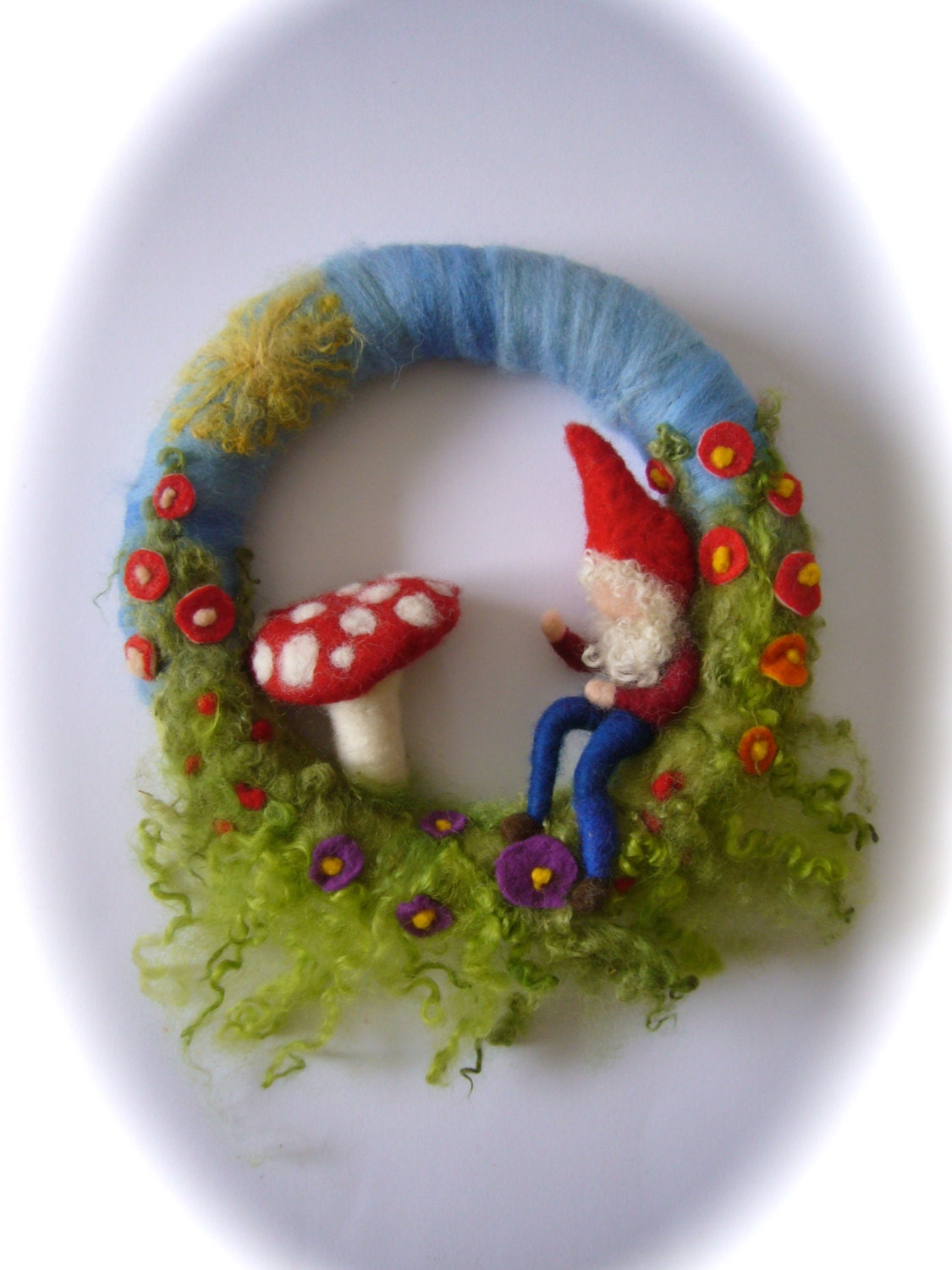 Toadstool Wreath. Gnome . Mushroom.  Needle Felted. Waldorf.Wool