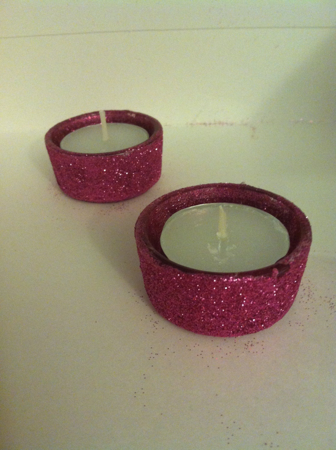 Pink Glitter Covered Glass Tea Light Candle Holders Set of 2