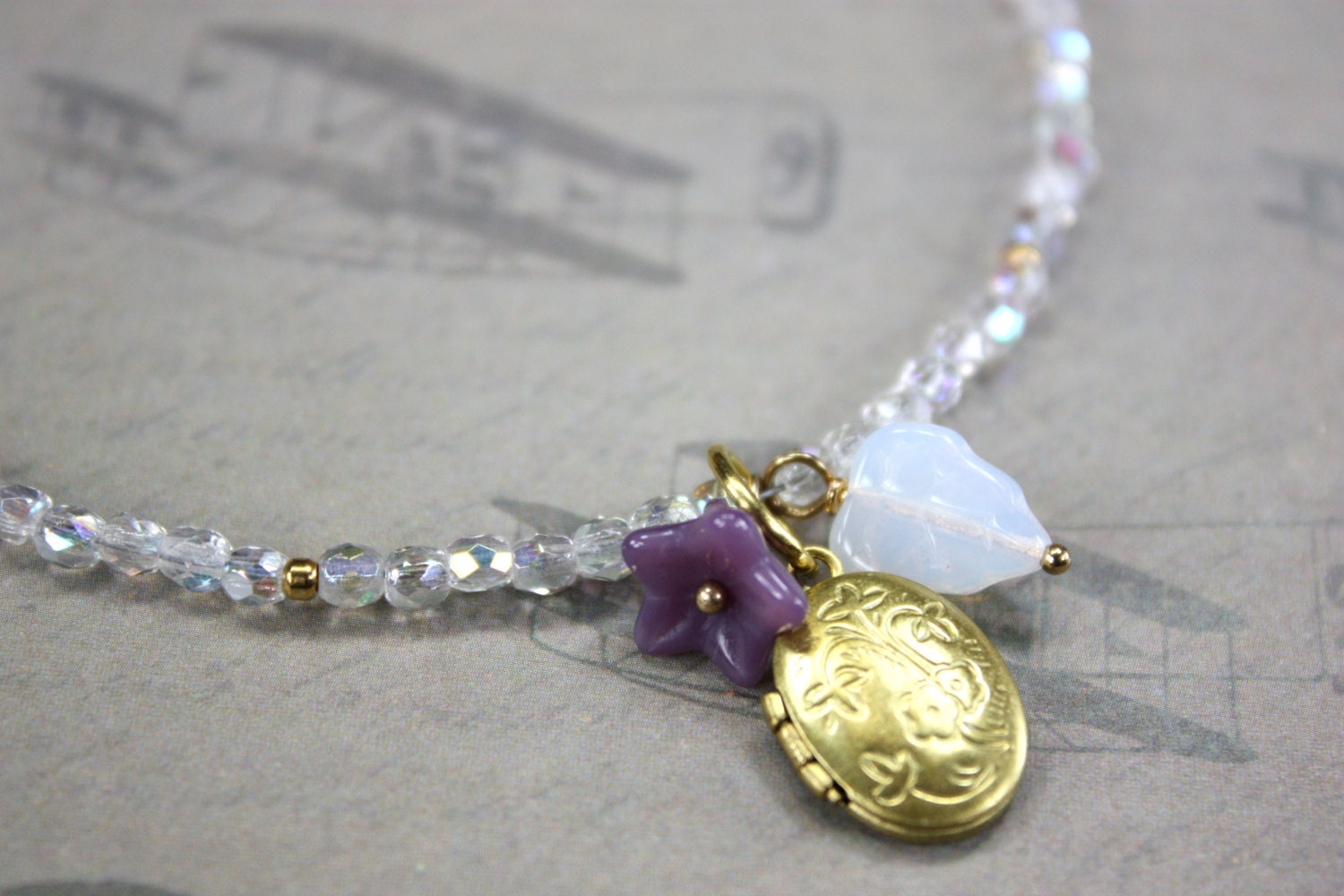 Shinning Clear Glass Beaded Necklace, Brass Locket, Purple Flower, White Leaf Pendant