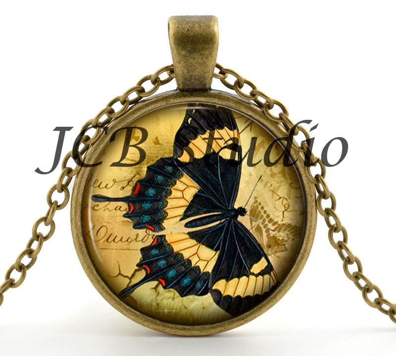 Butterfly Necklace - Butterfly Pendant - Butterfly Jewelry - Vintage Bronze Black and Yellow Butterfly Art - Old Bug Picture - Gift Bag