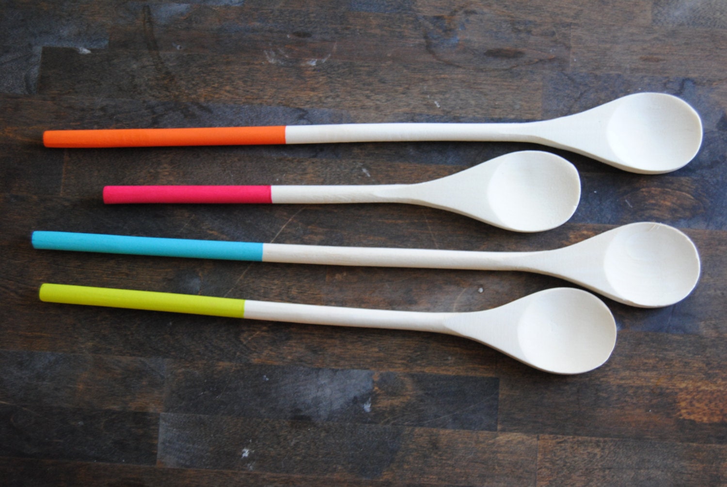 Set of 4 Dipped Wooden Kitchen Cooking Spoons - Roller Skate Collection - Brights - Pink, Orange, Green, Blue