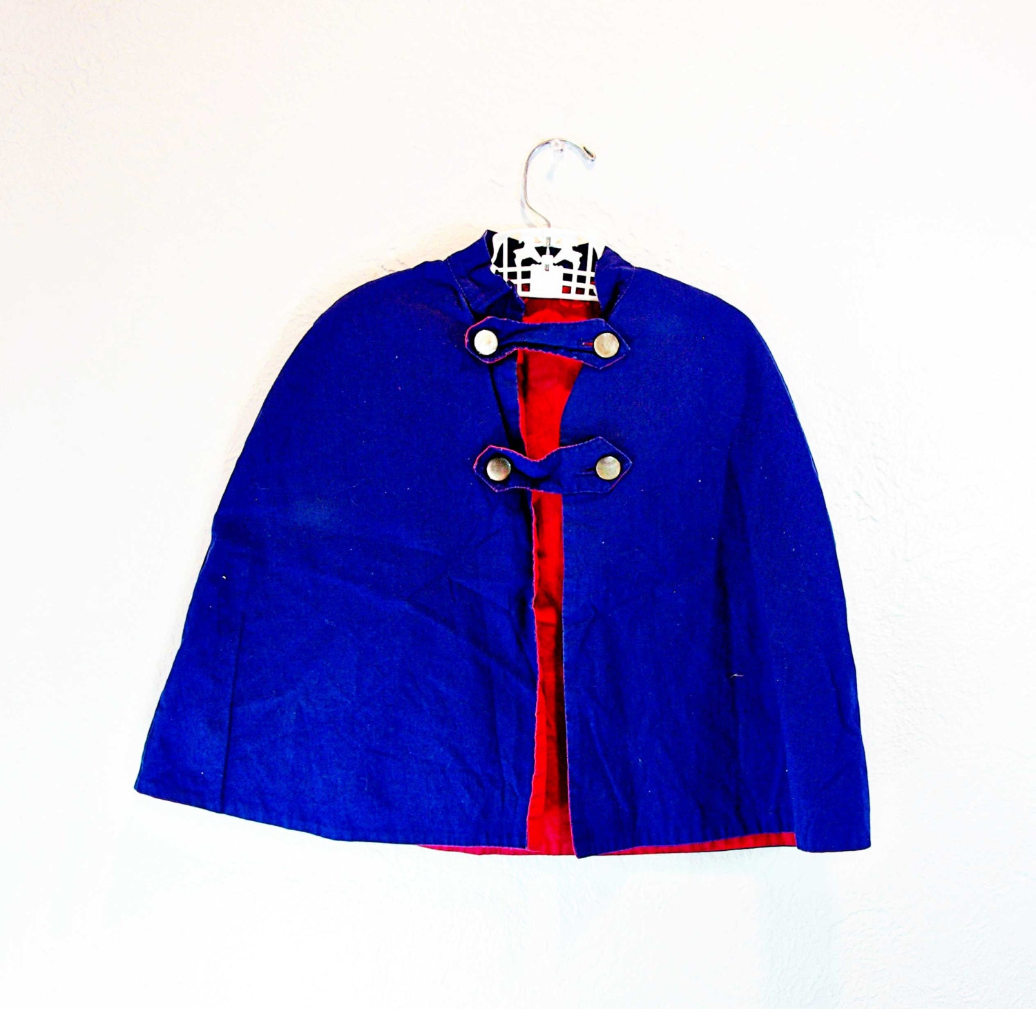 Vintage 1960 Girl Navy Blue Capelet, homemade, red lining