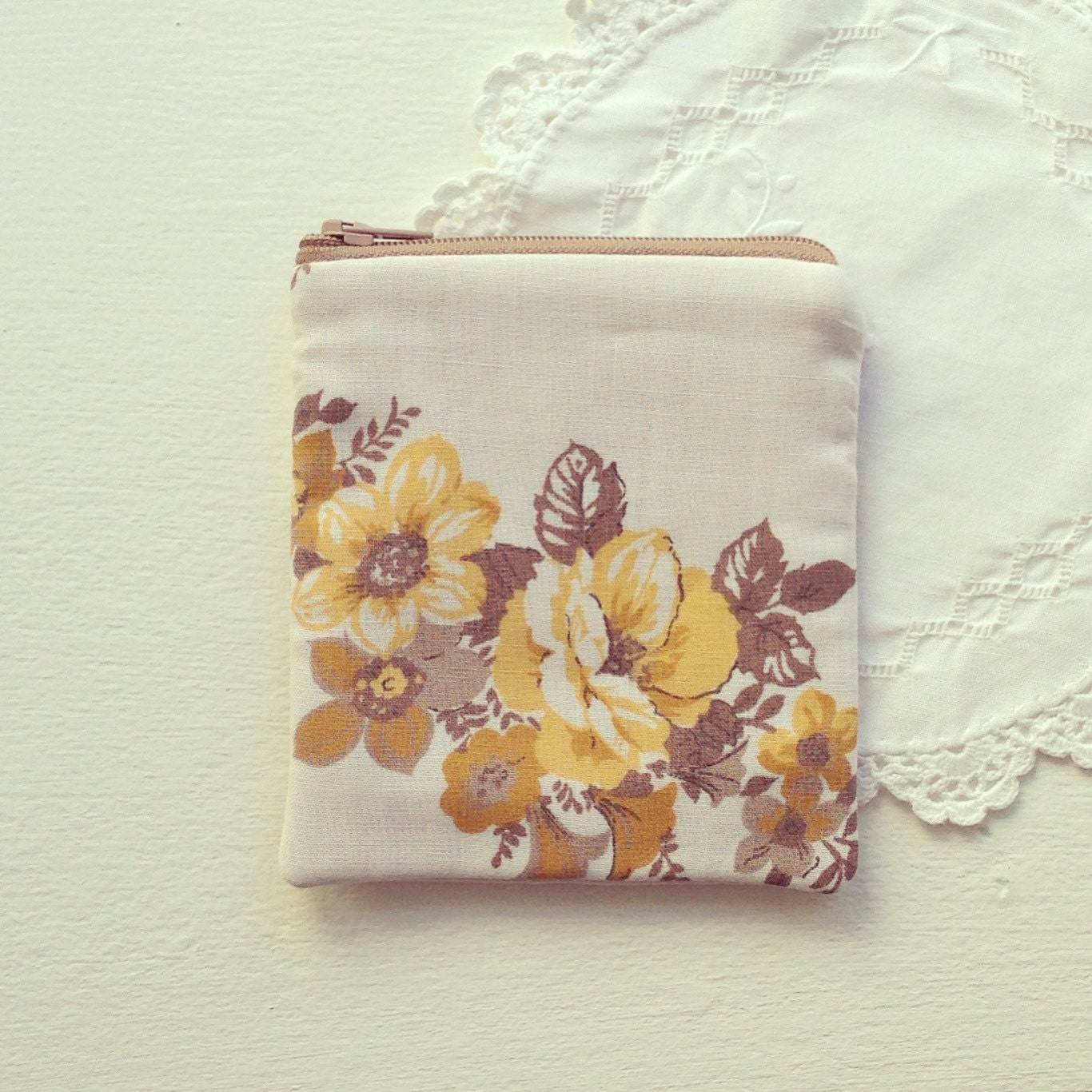 SALE: Small Coin Purse - Vintage Yellow/Brown Floral