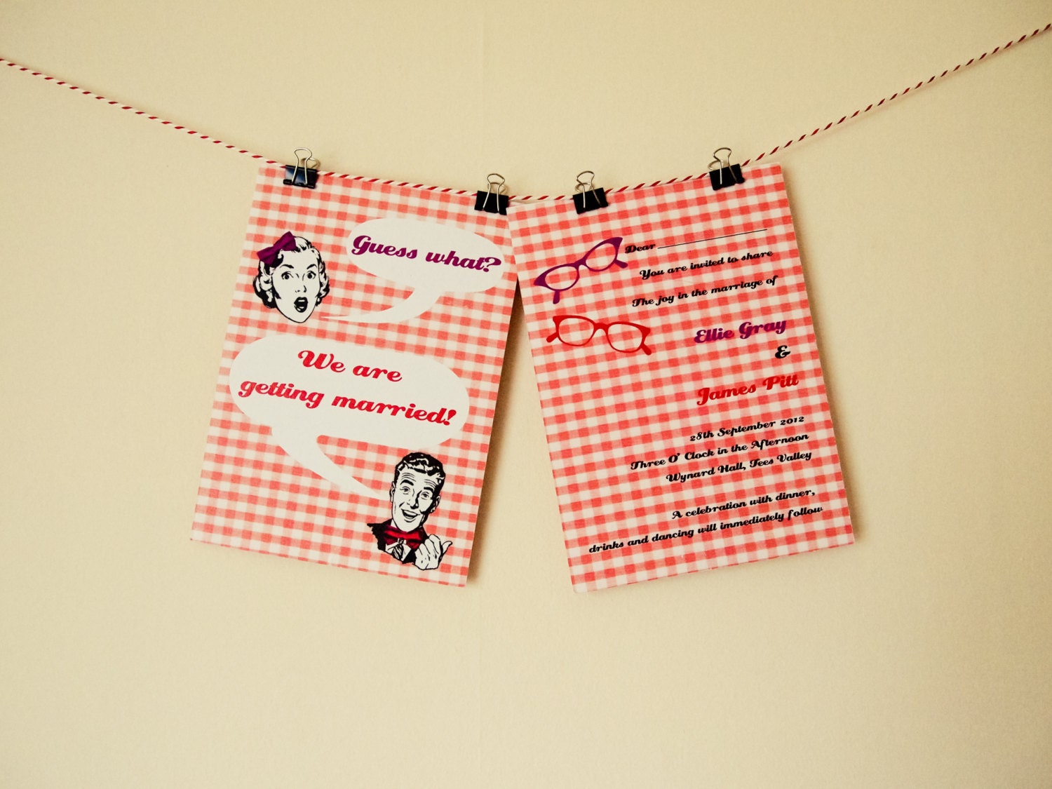 Retro, 50s, Vintage, Fun, Red Gingham and Black Printable DIY Wedding Invitation Il_570xn