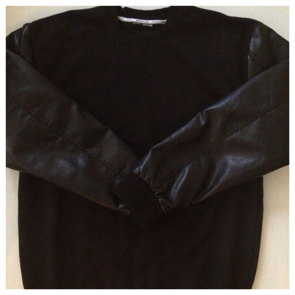 Black Crew Neck Jacket with Black Leather Sleeves