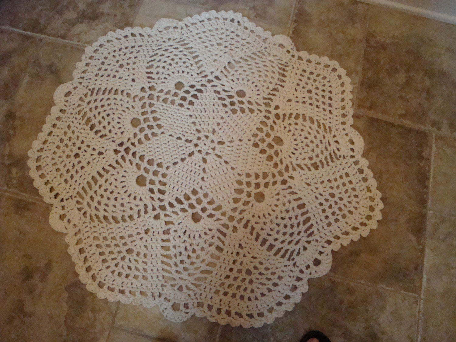 Large Crocheted Doily Floor Rug, Round 39", Pineapple Lacy Design