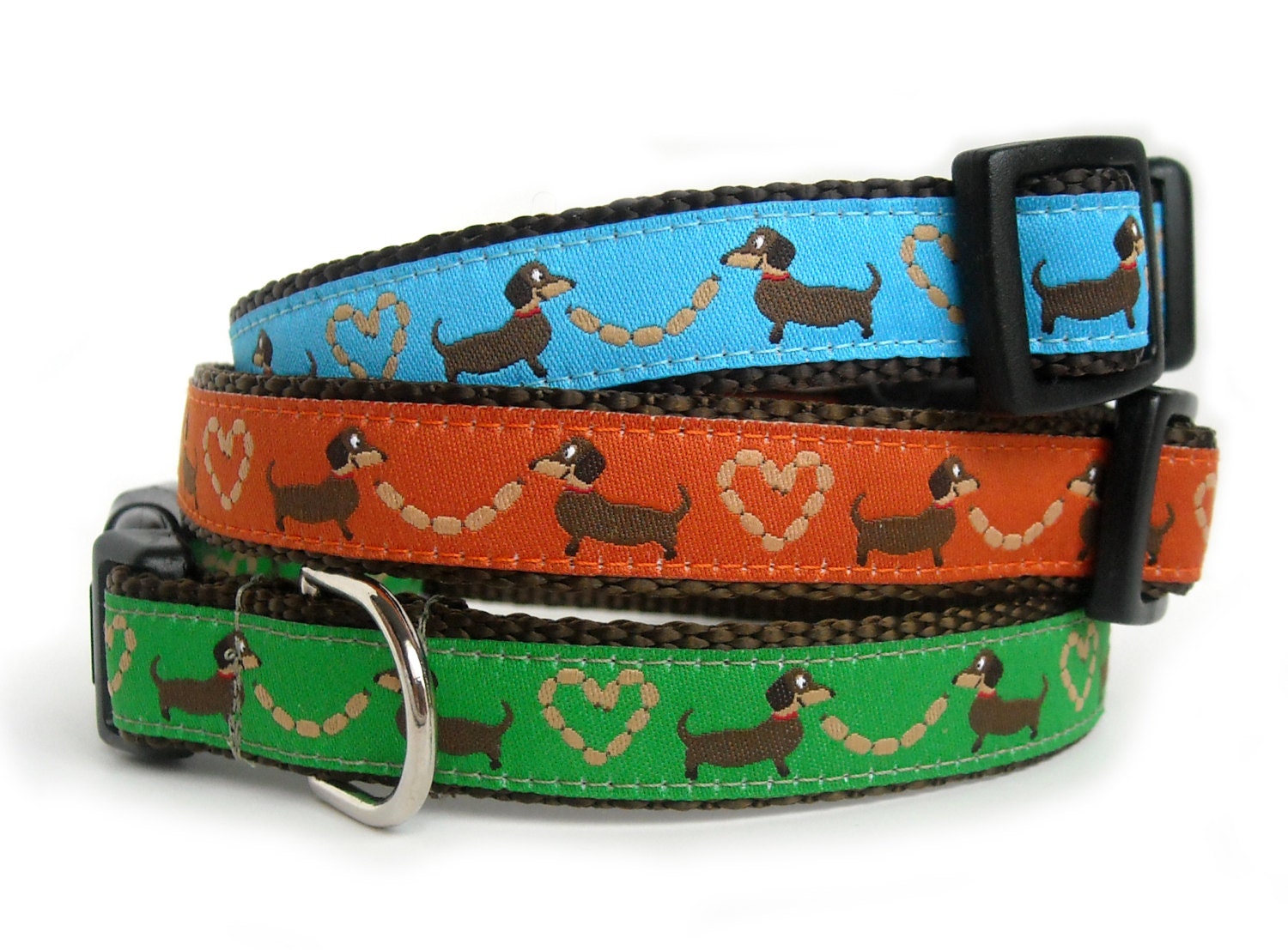 Dachshund Dog Collar Blue Green Orange Red Doxie by youhadmeatwoof