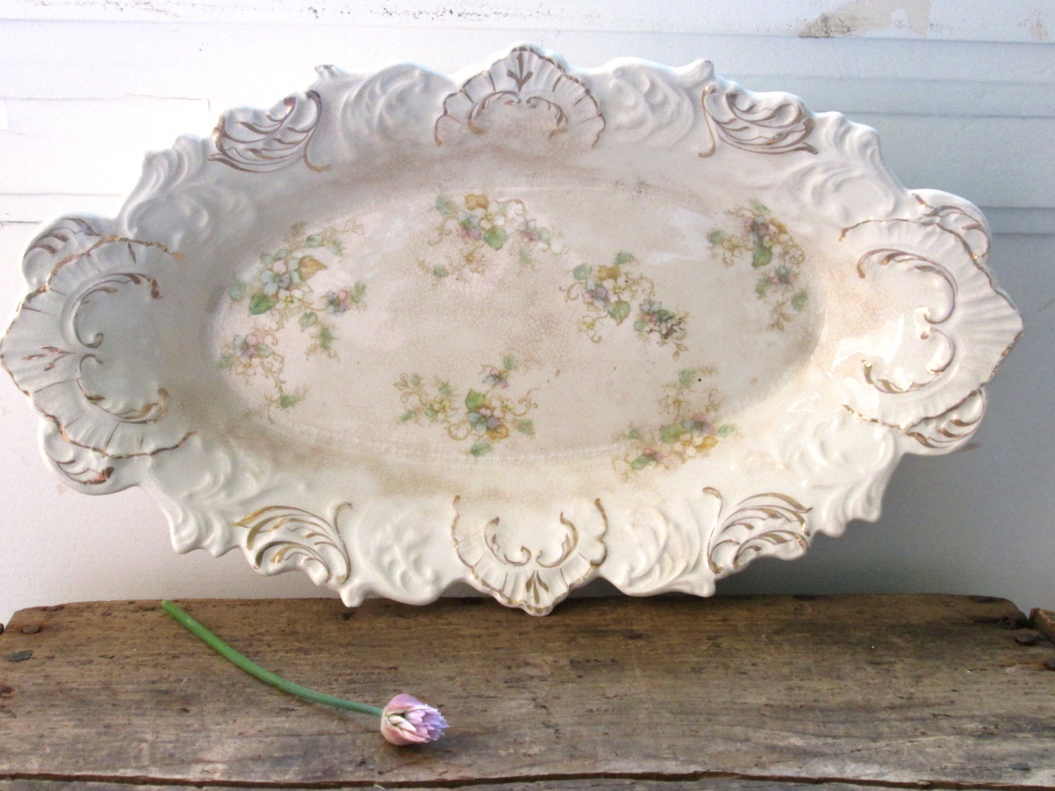 Antique French Porcelain Tray Platter  vintage shabby cottage Floral La Francaise Porcelain Dish Serving   Scalloped Paris Apartment