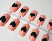 Peach & Black Hearts Handpainted Nail Art (20 nails)