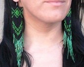 Extra Long Earrings. Black and Green Earrings.  Native American Beaded Earrings Inspired. Shoulder Duster Earrings. Beadwork