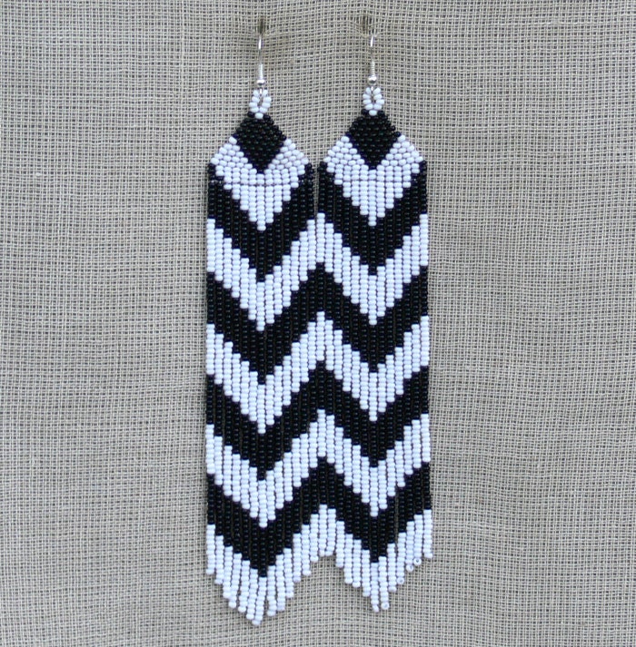 Extra Long Earrings. Chevron Earrings. Dangle Black and White Earrings. Shoulder Duster earrings. Beadwork