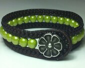 Handcrafted Leather Wrap Cuff. Funky Lime Green & Brown. Retro Brights and Browns together.  Leather wrap bracelet.