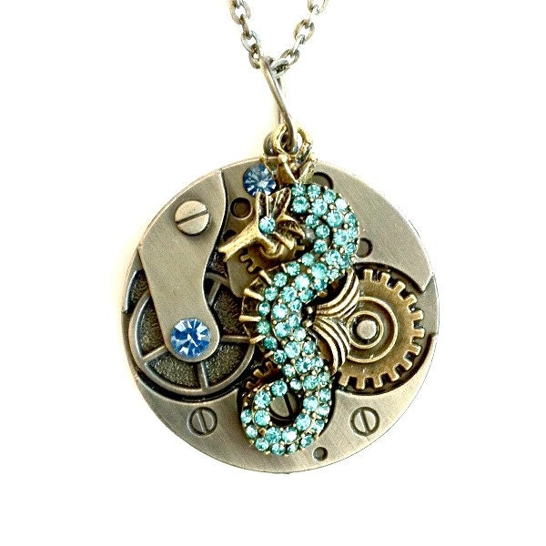 Clockwork Seahorse Gears Necklace mixed metal rhinestone seahorse Handmade Graduation Gift Free US Shipping