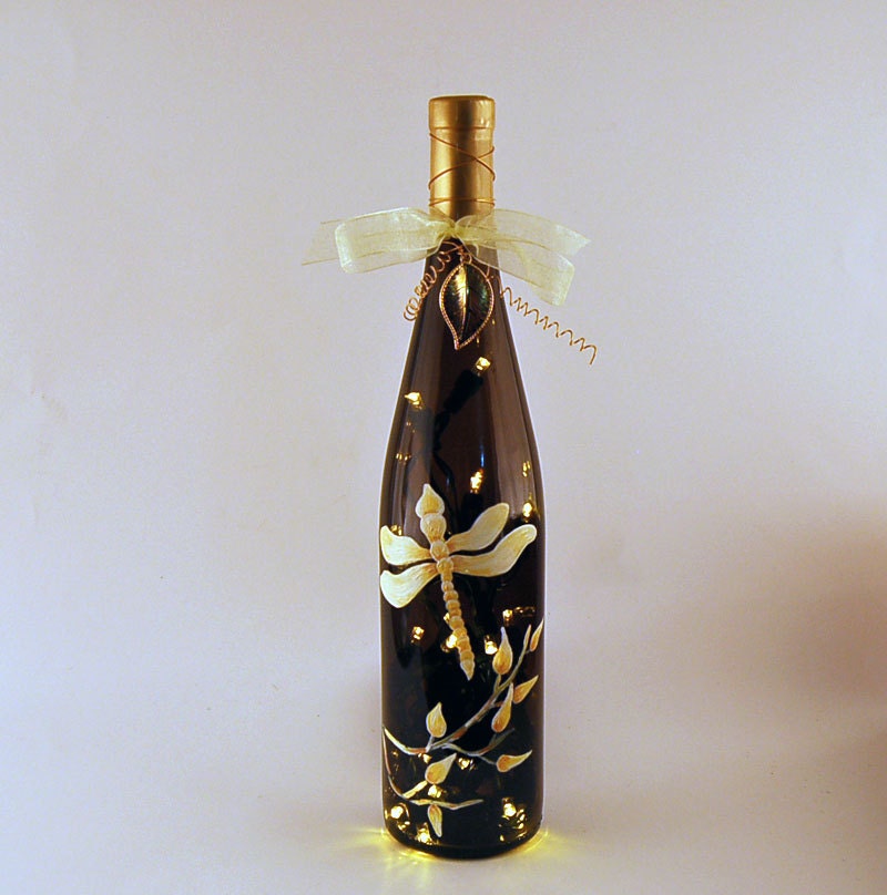 Wine bottle light dragonfly amber bottle yellow