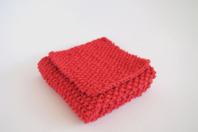 hand knit red cotton washcloth and bath scrubber set