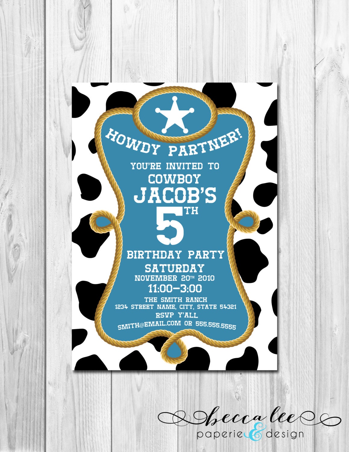 Cowboy Theme Party Invitation - Blue & Black Cow Print - DIY - Printable Il_570xn