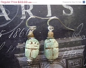 BirthdaySale Vintage Scarab Beetle Earrings- Faience- Vintage Fusion - Egyptian- Ethnic - Sterling Silver