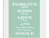 Audrey Hepburn, Typography, Love Print, Inspirational Quote, Home Decor, Forgive Quickly, Kiss Slowly, Love Truly