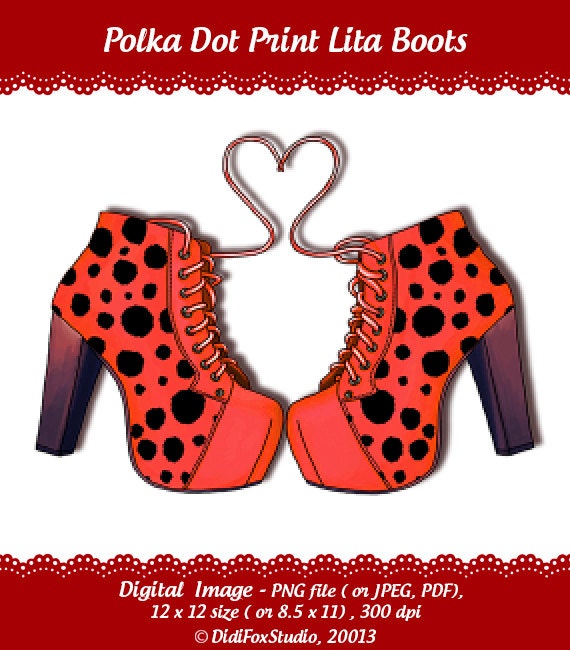 Neon Polka Dot Print Red Lita Boots  Multicolored - Printable Digital Illustration for DOWNLOAD- Clipart ( 12x12 or 8x10). Item number S0093 - DidiFox