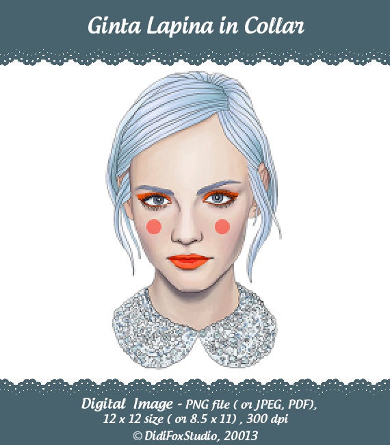 Ginta Lapina in Collar , Blue Hair - Printable Digital Illustration for DOWNLOAD  . Item number S0094