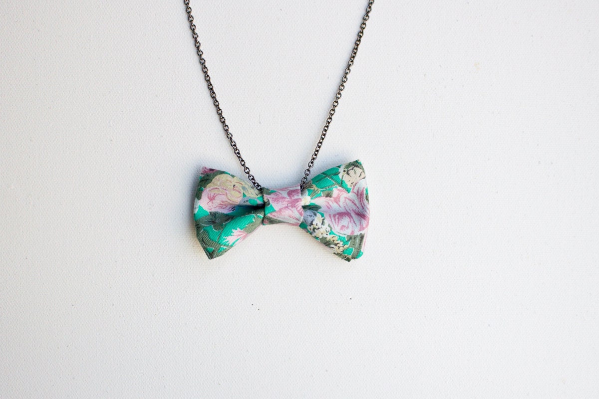 Bright Teal Bow Tie Necklace with Pink and Cream Floral Pattern