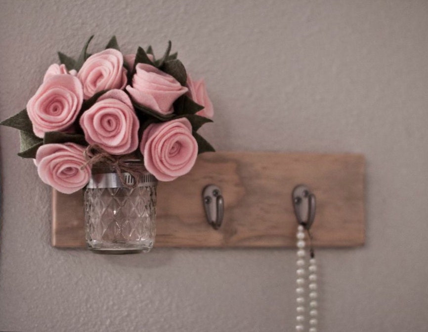 House That Etsy Built Item - Modern Rustic Mason Jar Wall Vase with Hooks -sun bleached with silver hooks