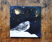 Snow Bunting Bird Painting.  Art.  Original Artwork.  Night Sky.  Oil Painting. Frost.  Home Decor.  Rustic