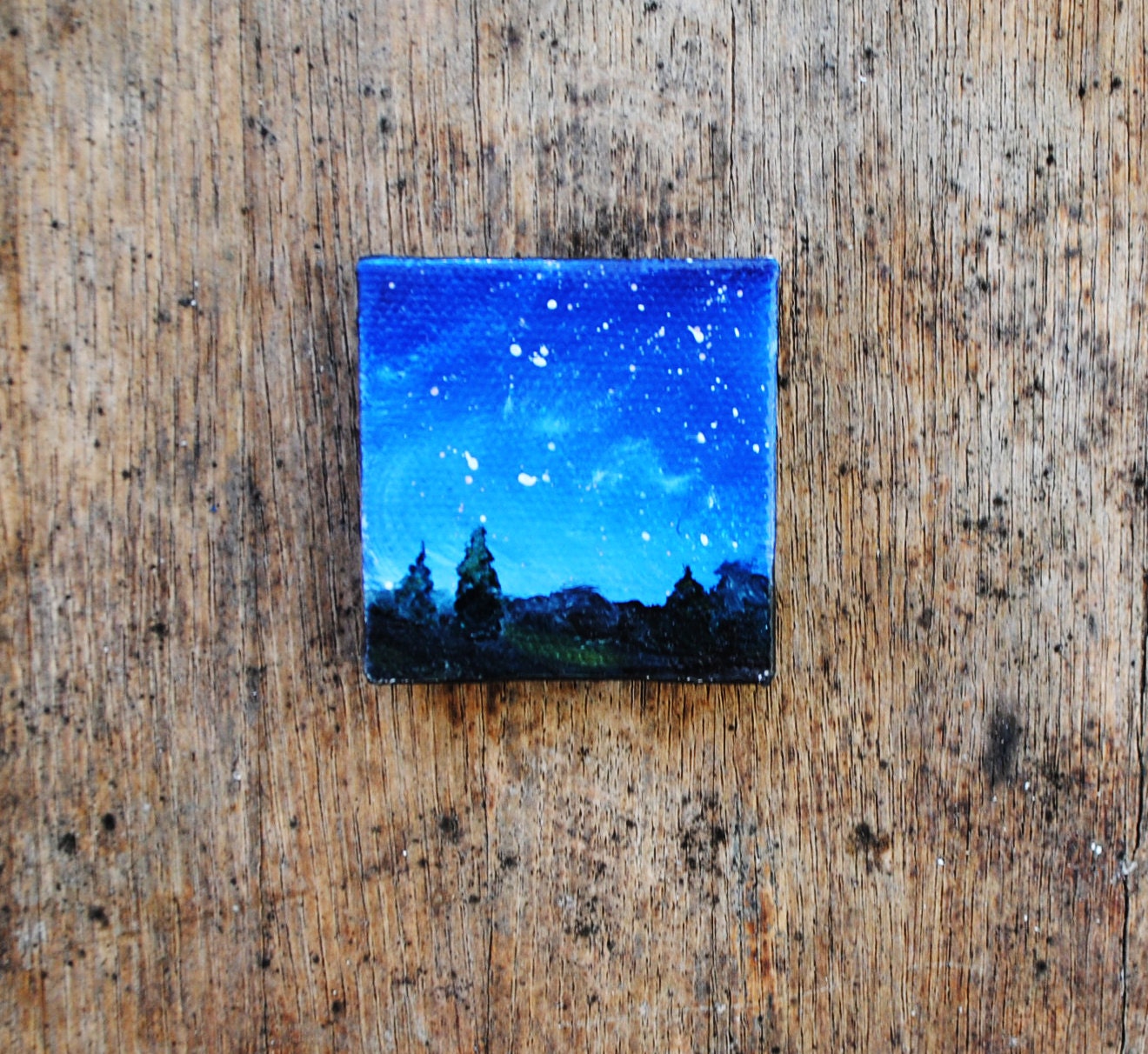Night Stars Landscape- Original Painting -  Art.  Stars. Cosmos. Galaxy. Snow.  Winter.