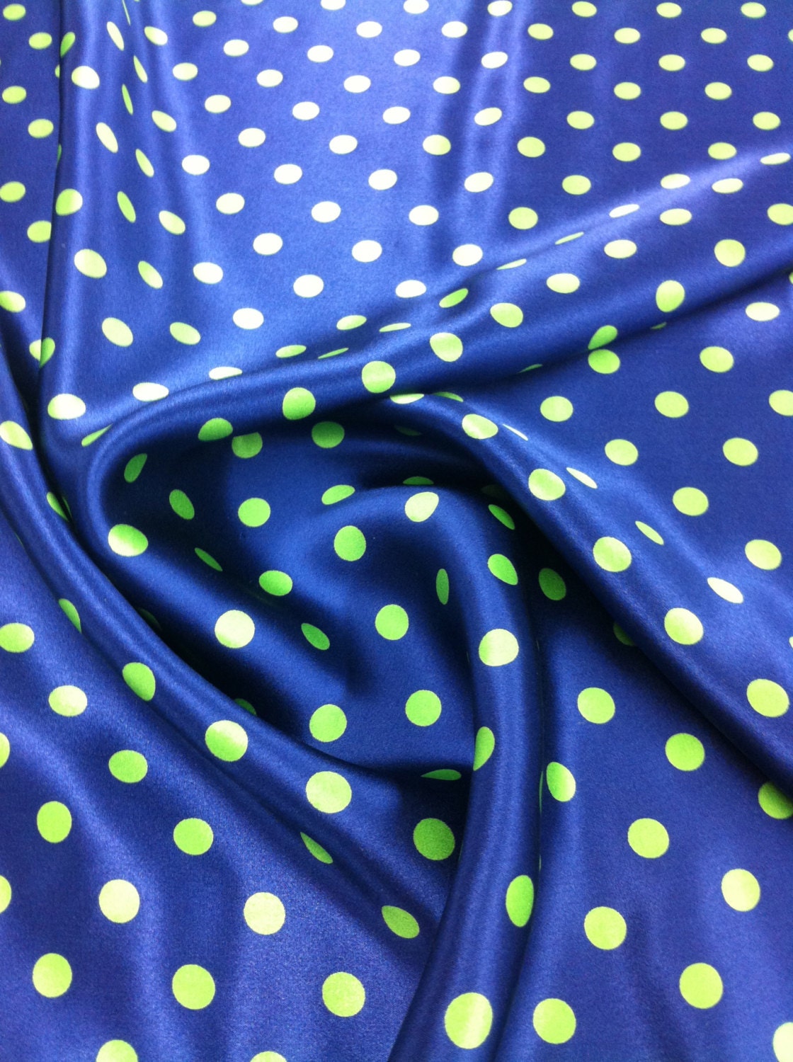 Polkadot Silk Fabric - Navy with Green Dots - 2.5 yd pc