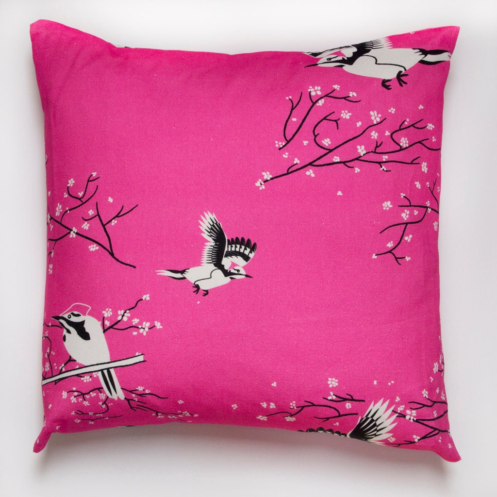 Cushion in Woodpecker bright pink black and white blossom patterned cotton fabric size 18" 45cm x 45cm