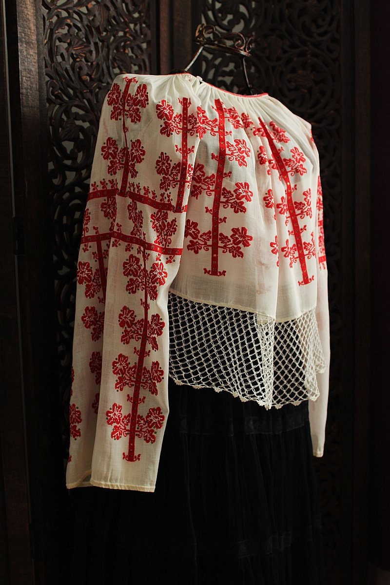antique romanian red cross stitch embroidered blouse on neutral white fabric  / unique handmade - art to wear - silkroaddream